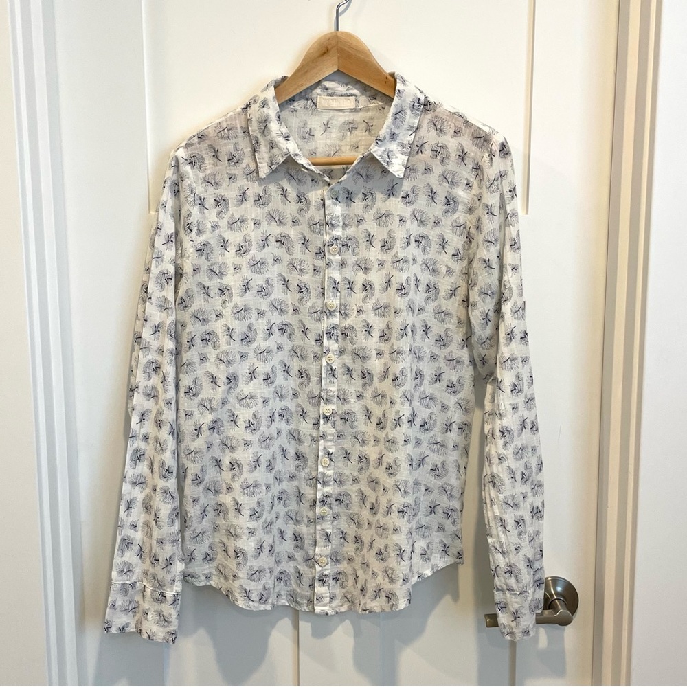 CP Shades White Blue Linen Button Up Blouse Size Small (S)